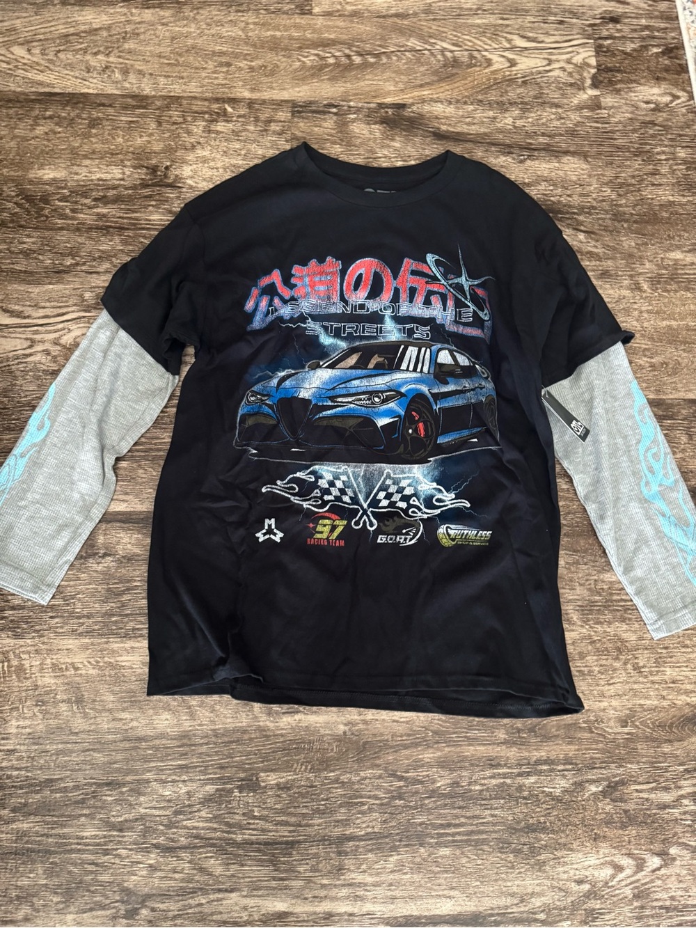 Black Long-Sleeve Graphic Tee with Gray Layered Sleeves